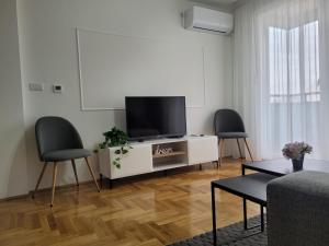 a living room with a tv and two chairs at Apartman NS PRIVATE PARKING in Novi Sad