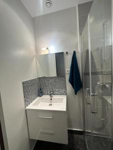 y baño blanco con lavabo y ducha. en Cosy appartement - La Villette, en París