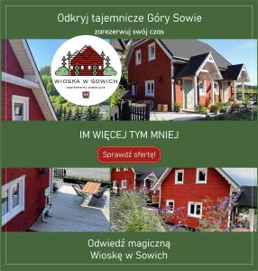 a collage of two pictures of a red house at Wioska w Sowich Sokolec in Sokolec