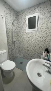 a bathroom with a toilet and a shower and a sink at Villa Loba. Apartamento en casa rural. in Facinas