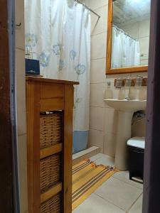 een badkamer met een wastafel, een toilet en een douche bij Casa Mágica a orillas del Rio in Puerto Iguazú