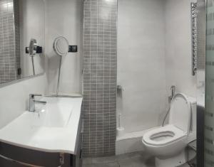 a bathroom with a toilet and a sink and a mirror at Dorado 3 in Badalona