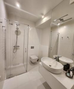 a bathroom with a shower and a sink and a toilet at Apartament Mięta in Międzyzdroje