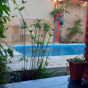 a swimming pool with plants in front of a building at Casa Boa Venttura Alugueis - Casa com ar e piscina ou Quartos com ar e cozinha Guajiru Trairi in Trairi