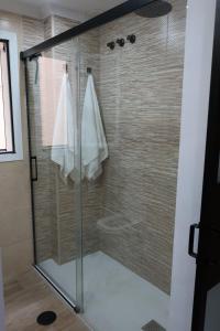 トレ・デル・マールにあるApartamento Ve&Vaのバスルーム(ガラスドア付きのシャワー付)