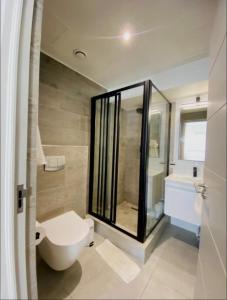e bagno con servizi igienici, doccia e lavandino. di WINK Hotel- Next to CTICC & Best Tourist Location a Città del Capo