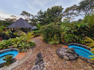 un jardín con 2 piscinas en un patio en Camping La Penal, en Cumandá