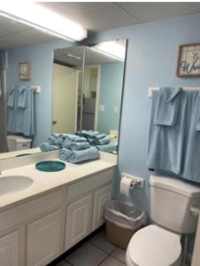 een badkamer met een wastafel, een toilet en een spiegel bij Oceanview Efficiency DW1510 in Myrtle Beach