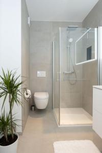 a bathroom with a shower and a toilet at Villa Laganini in Rogoznica