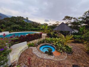 Mera的住宿－La Penal Amazon Lodge!，一座带游泳池的花园,一座人工人工人工人工人工建筑