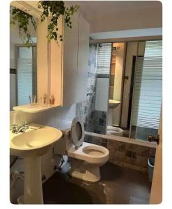 een badkamer met een toilet, een wastafel en een douche bij Amplio Apto al este de Caracas in Caracas