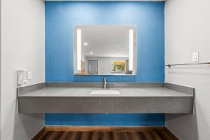 een badkamer met een wastafel en een spiegel bij Econo Lodge Inn & Suites Sealy in Sealy