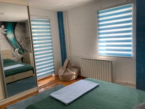 een slaapkamer met een spiegel en een bed en een spiegel bij Apartman Aleksandar in Nova Varoš