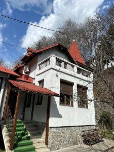 a white house with a red roof and stairs at Vila Agata in Sinaia