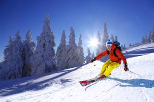 a man is skiing down a snow covered slope at Apartmány Happy Klínovec in Loučná pod Klínovcem