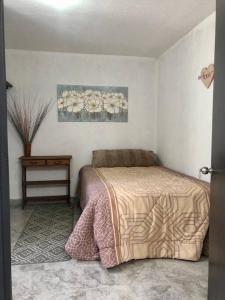 a bedroom with a bed and a table in it at Casa amplia y Cómoda in Chapulco