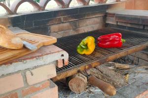 Een grill met pepers en een mes erop. bij Villa dei Pini con piscina privata in Pietraperzia