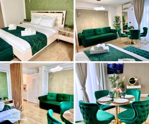 a collage of photos of a hotel room with green furniture at Heaven Infinity Sunrise Pool & SPA in Mamaia Sat/Năvodari +103 photos