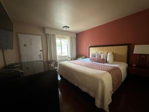 een slaapkamer met een groot bed en een douche bij Matterhorn Inn Ouray in Ouray