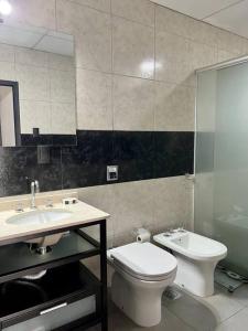 a bathroom with a toilet and a sink and a mirror at Cambacuá Santa Ana! in Villa María