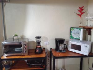 La cocina está equipada con horno tostadora y microondas. en Finca La Paz, en Puerto Viejo