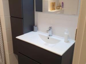 een badkamer met een witte wastafel en een spiegel bij Huize Andriessen in Boornzwaag