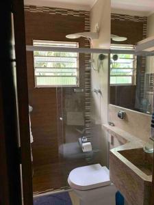 uma casa de banho com um WC e uma cabina de duche em vidro. em Casa agradável em Santana próx. Expo Center Norte em São Paulo