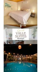 a hotel room with a bed and a swimming pool at Apto Valle Suites, La Mejor Zona in Valledupar