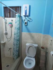 a bathroom with a shower and a toilet with a shower curtain at RAYAS Guesthouse- No Credit Card Needed in Baguio
