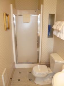 a bathroom with a toilet and a shower in it at Hotel Planter in La Conner