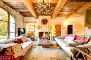 un grand salon avec des canapés et une cheminée dans l'établissement Villa élégante à Lambesc avec spa, à Lambesc