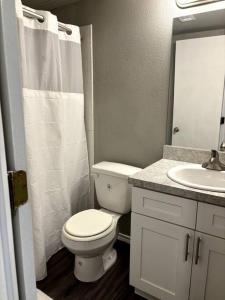 Łazienka z białą toaletą i umywalką w obiekcie Apartment w mieście Dallas
