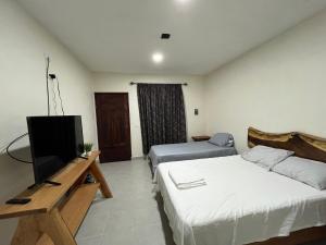 Habitación de hotel con 2 camas y TV en Posada Ceibamar Chichen Itzá en Pisté