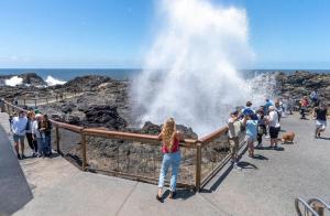 a crowd of people standing at the edge of a waterfall at Kiama Harbour Cabins in Kiama