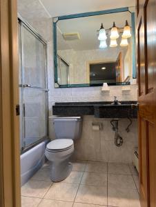 La salle de bains est pourvue de toilettes, d'un lavabo et d'un miroir. dans l'établissement Royal Motel, à Secaucus