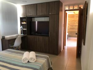um quarto com uma cama e uma televisão de ecrã plano em Cabañas Annapurna em Taganga