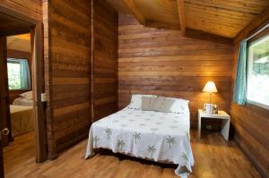 1 dormitorio con 1 cama en una habitación de madera en The Cabins at Kokee en Waimea