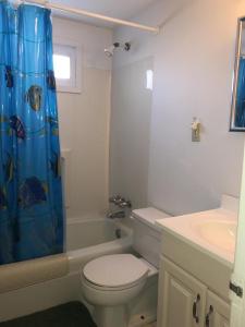 La salle de bains est pourvue de toilettes et d'un rideau de douche bleu. dans l'établissement One House From The Beach!, à Beach Haven