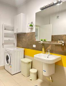 ein Badezimmer mit einem Waschbecken und einer Waschmaschine in der Unterkunft Sunlit Shelter * Ideal Location! Free Parking in Oradea