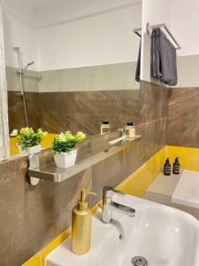 ein Bad mit einem Waschbecken und einem Spiegel in der Unterkunft Sunlit Shelter * Ideal Location! Free Parking in Oradea