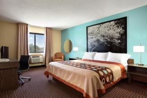 Pokój hotelowy z łóżkiem i biurkiem w obiekcie Super 8 by Wyndham Carbondale w mieście Carbondale