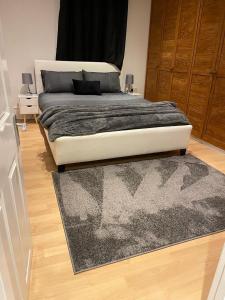 ein Schlafzimmer mit einem Bett und einem Teppich in einem Zimmer in der Unterkunft Holloway one bedroom apartment in London