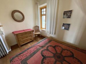 Cette chambre comprend un tapis, une commode et un miroir. dans l'établissement Hollstein house by the lake, à Stolpe