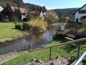 un río en un campo con casas y una valla en Holiday apartment Rappenfels Lodge, en Hinterweidenthal