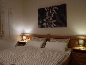 1 dormitorio con 1 cama con 2 lámparas en 2 mesitas de noche en Holiday apartment Allgäuer Alpenblick en Rettenberg