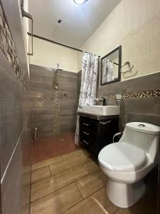 W łazience znajduje się toaleta, umywalka i prysznic. w obiekcie CASA DE DESCANSO TZANJAAY w mieście San Juan La Laguna