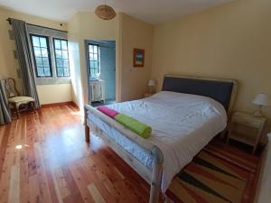 een slaapkamer met een bed met een groen kussen erop bij Amani House in Nairobi +13 foto's