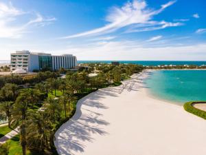 Blick auf einen Strand mit Palmen und das Meer in der Unterkunft The Ritz-Carlton, Bahrain in Manama