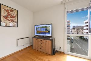 salon z telewizorem z płaskim ekranem i oknem w obiekcie Imbarcadero Apartment - Happy Rentals w mieście Locarno