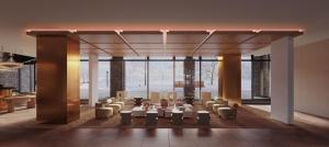 a lobby with chairs and tables and a large window at Nikko Style Niseko HANAZONO in Kutchan